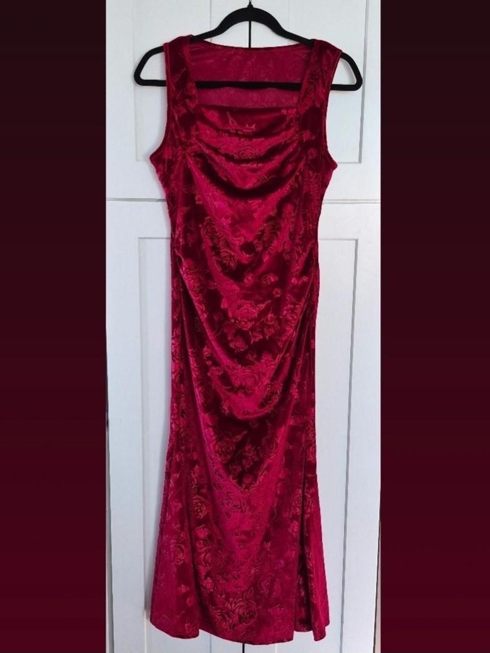 Red Velvet Floral Drape Maxi Dress